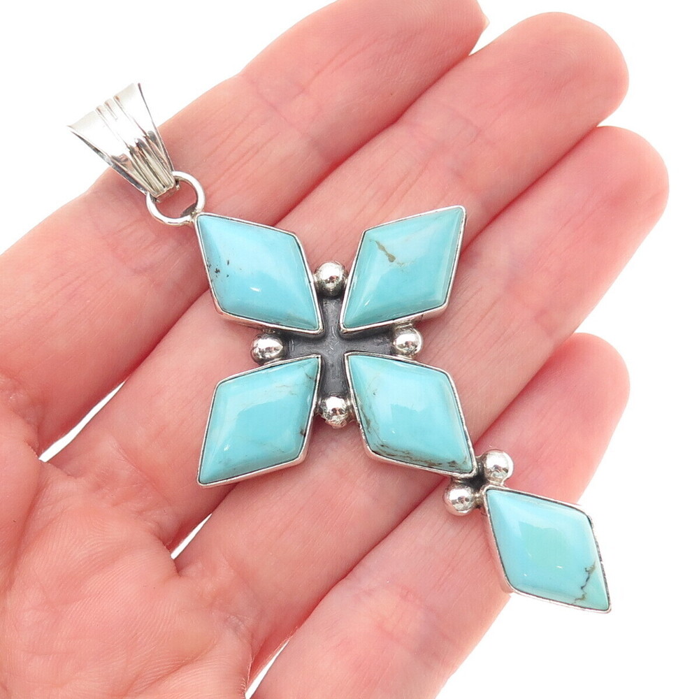 Running Bear Old Pawn 925 Sterling Silver Vintage Turquoise Cross Tribal Pendant